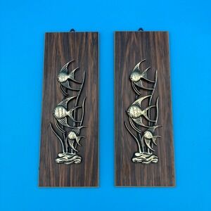 Vintage MCM Brasstone Angelfish Wall Art Set Mid-Century Faux Wood Grain Plaques
